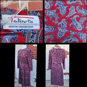 Size 8 TALBOTS red paisley pleated skirt modest dress long sleeve